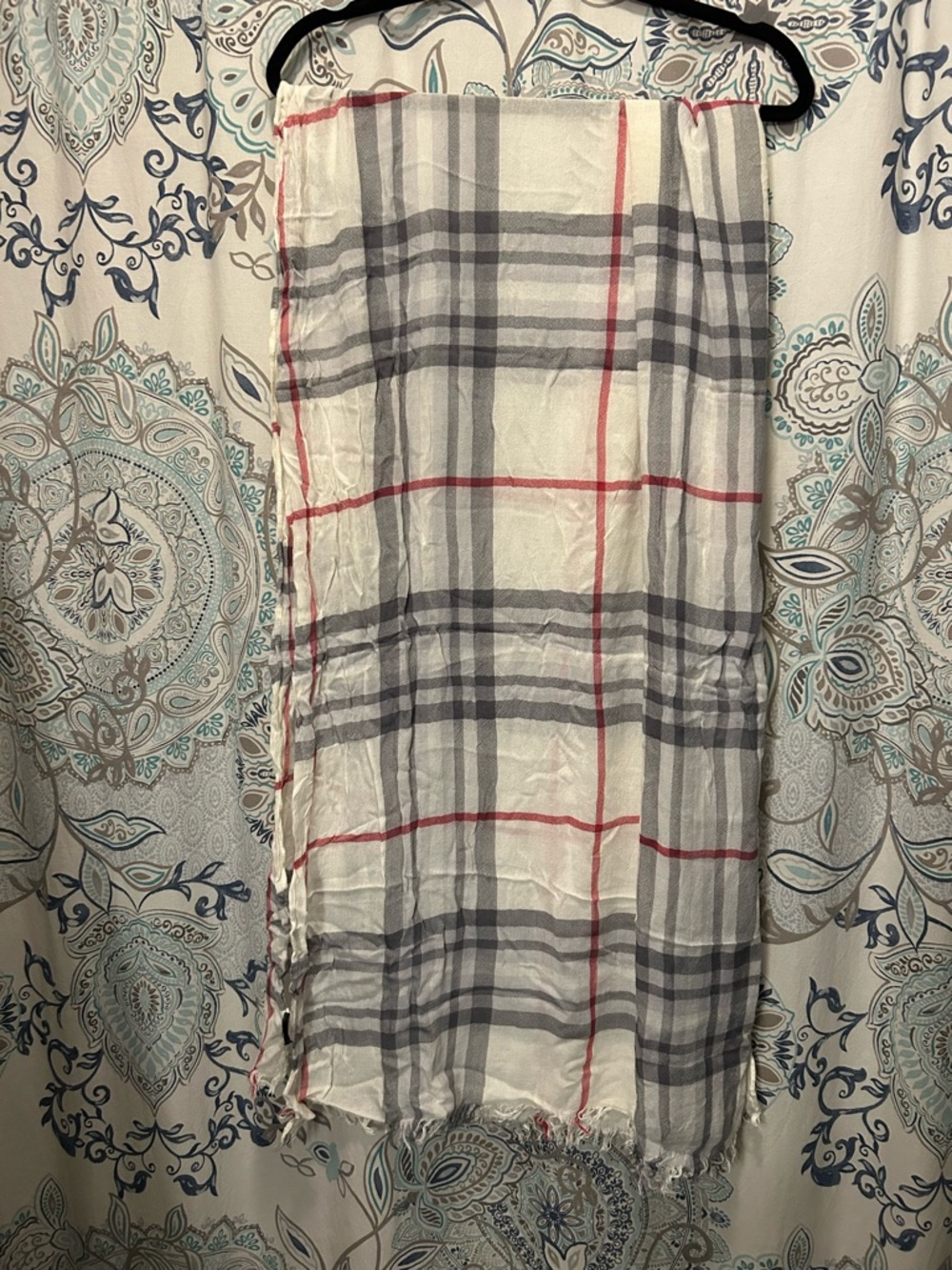 Lightweight Plaid Scarf - Ivory, Gray & Red